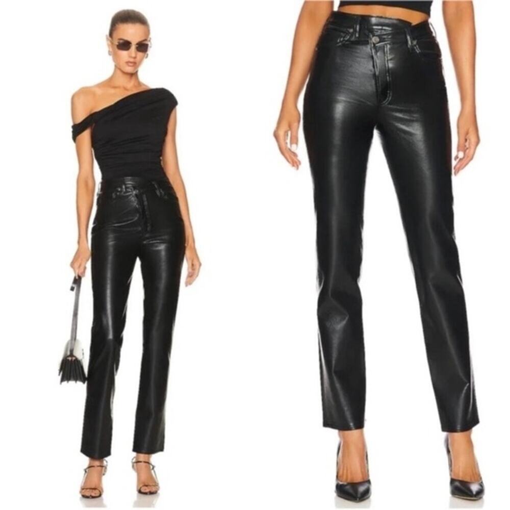 Agolde Criss Cross Black Leather Blend High Rise Straight Leg Pants 32